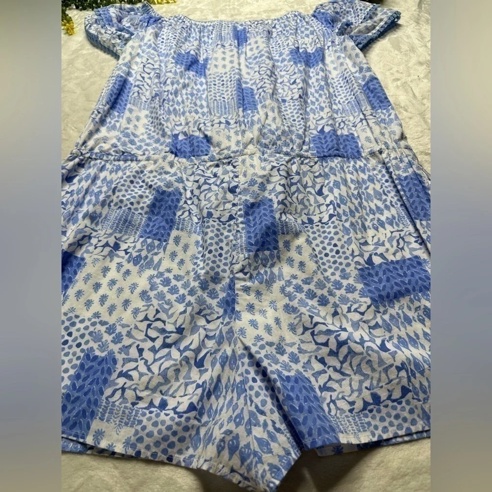 Vineyard Vines Painted Patchwork Ruffle Off The Shoulder Romper in Hydrangea L